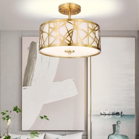 Edwarmlux 3-Light Semi Flush Mount Ceiling Light, 12.6" Drum Light with White Fabric Shade, Modern Close to Ceiling Lamp for Living Room Bedroom Dining Kitchen Hallway Entry Foyer (Brushed Gold)
