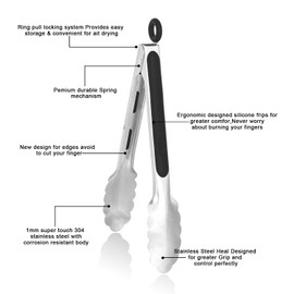 WINPOST Stainless Steel Kitchen Tongs 27cm, Stainless Steel and Non-Slip Heat Resistant Handle Ideal for Cooking, Salad, Grilling and Grilling (27cm, Black)