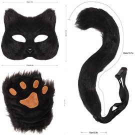Therian Mask and Tail Kit Handmade Wolf Paw Gloves Faux Fur Fox Tail Cat dress up,Furrfy Fox Mask Cat Paws Gloves Ears (grey)