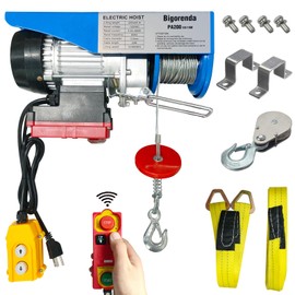 Bigorenda Electric Hoist,440lbs Electric Hoist with Wireless Remote Control/Wired Control 2 in 1,Electric Hoist Winch 110v,65.6ft/33ft Lifting Height,Single/Double Sling,for Garage Warehouse Factory