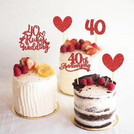 24Pcs 40th Ruby Wedding Anniversary Cupcake Toppers, Red Glitter Heart Cupcake Topper, for Celebration Happy 40th Wedding Anniversary Party Decorations