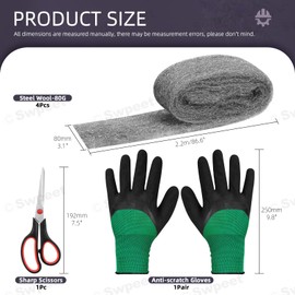 Swpeet 6Pcs 3.1" x 7.2FT Steel Wool with Cut Gloves and Scissors, Steel Wool Fill Fabric Roll, Gap Blocker Coarse Wire Hardware Cloth for Holes Wall Cracks Vents in Garden House Garage