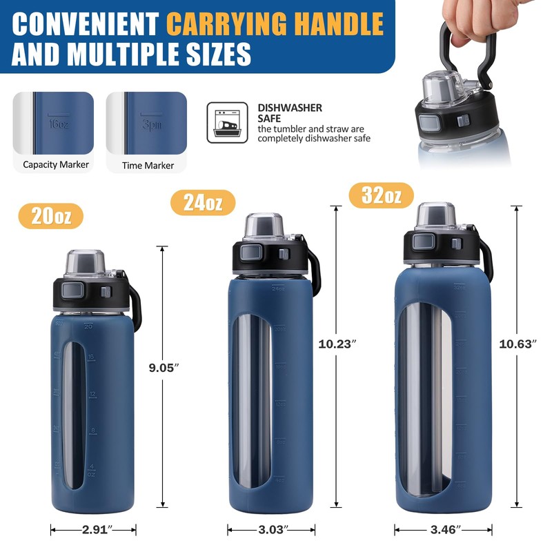 Kodrine 24oz Glass Water Bottle With Straw and 2 Lids,