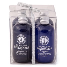Balancing Bath & Body Care Gift Set/Aromatherapy Set Contains: Rose Geranium Organic Body Lotion, Juniper Berry Grapefruit Exfoliating Wash, Body Wash and Shower Gel/Natural/Vegan