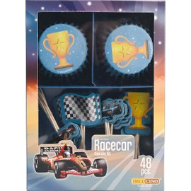 DECOCINO Racecar Muffin Set 48 Pieces - 24 Cupcake Cases with Diameter 5 cm and 24 Paper Muffin Toppers, Ideal Decoration for Children's Birthdays and Themed Parties