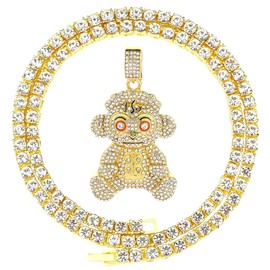 Mens Hip Hop Iced Out Chain Necklaces Silver Gold Monkey | Bear | Lion Pendant Chains Bling Rapper Jewelry (Gold Monkey, Tennis Chain)