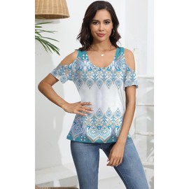 Soesdemo Women Summer Blue Boho Printed Tops Scoop Neck Cold Shoulder Short Sleeve 2024 Loose Fit Basic Tee Shirts