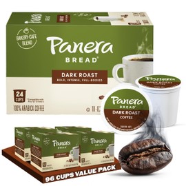 Panera Bread Dark Roast Coffee Pods, 100% Arabica Compatible, Bold & Smooth Dark Chocolate Finish, Kosher Certified, Recyclable Single Serve Cups, 96 Single Serve Pods (4 Packs of 24)