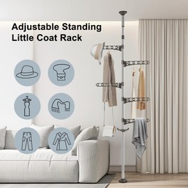 Hershii Adjustable Laundry Pole Corner Clothes Garment Drying Rack Hat Hanger Coat Tree Floor to Ceiling Tension Shelf Storage Organizer with 5 Arms and 1 Hook - Grey