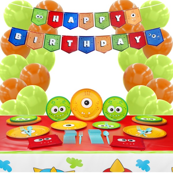 Monster Deluxe Party Packs (123 Pieces for 16 Guests) - Monster Birthday Supplies, Monster Party Decorations, Monster Theme Plates and Napkins, Mini Monster Party, Monster 1st Birthday, Blue Orchards