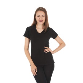 Womens Micro Weight V-Neck - 84% Merino Wool Shirt - Black - Large