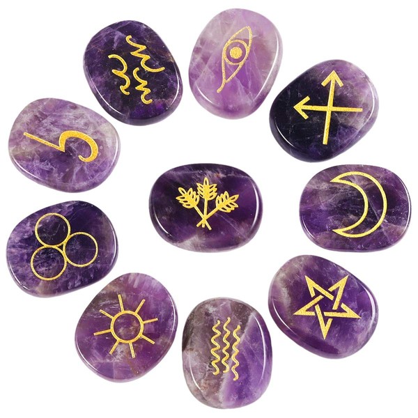 Rockcloud Healing Crystal Amethyst Gypsy Symbol Witches Rune Set Chakra Stones Palm Stone Reiki Balancing, 10 Pcs