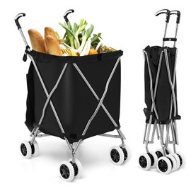 COSTWAY Folding Shopping Cart, Portable Grocery Cart on Wheels with Removable Waterproof Oxford Cloth Liner, Transport Up to 120 Pounds, Lightweight Utility Cart for Groceries, Laundry (Black)