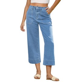 GRAPENT Concert Outfits: Women's Capris with Pockets - Summer Straight Jeans, Wide Leg Jeans, Stretchy Color: Roadknight Blue, Size 8 to 10