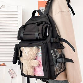YUYAKESHI Pain Bag, Pain Backpack, Transparent Window, Shoulder Backpack, Stuffed Toy Holder, Lid Included, Large Capacity, Acsta Pouch, Black