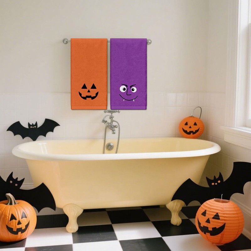Whaline 4Pcs Halloween Hand Towels Spooky Pumpkin Face Monster Embroidered