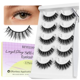 BEYELIAN Self Adhesive Eyelashes No Glue Needed Pre Glued Reusable False Eyelashes, Wispy Natural Look Faux Mink Press on Lashes 5 Pairs