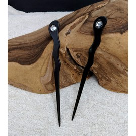 (2) Anodized Aluminum Matte Finished Spiral 6" long Hair Sticks with Clear Rhinestones Unbreakable Waterproof Pick Pic Pin Fork (Black)