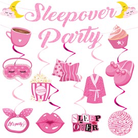 JoyAura Hotpink Sleepover Party Decorations - 11 Pcs Hot Pink Banner Hanging Swirls Decor Set Spa Birthday Theme Slumber Night Out Party Supplies Favors for Sweet Princess Girls Girl Women woman