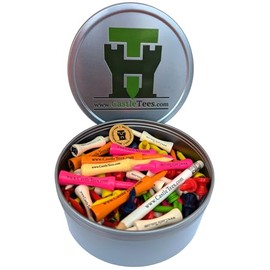 Castle Tees Original Mixed Set – 84 pcs Mixed Sizes/Colours Premium Bamboo Golf Tees in a Tin with Free Pitch Repair Tool, Ball Marker & Pencil. Twice the strength of regular bamboo Great Golf Gift
