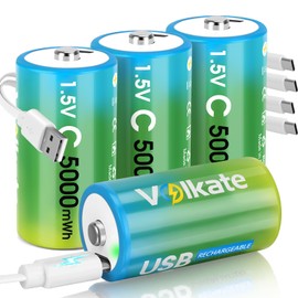 volkate C Batteries 4 Pack, USB Rechargeable Lithium C Cell Batteries with Charging Cable, Battery C Size LR 14 1.5V 5000mWh, Type C Battery