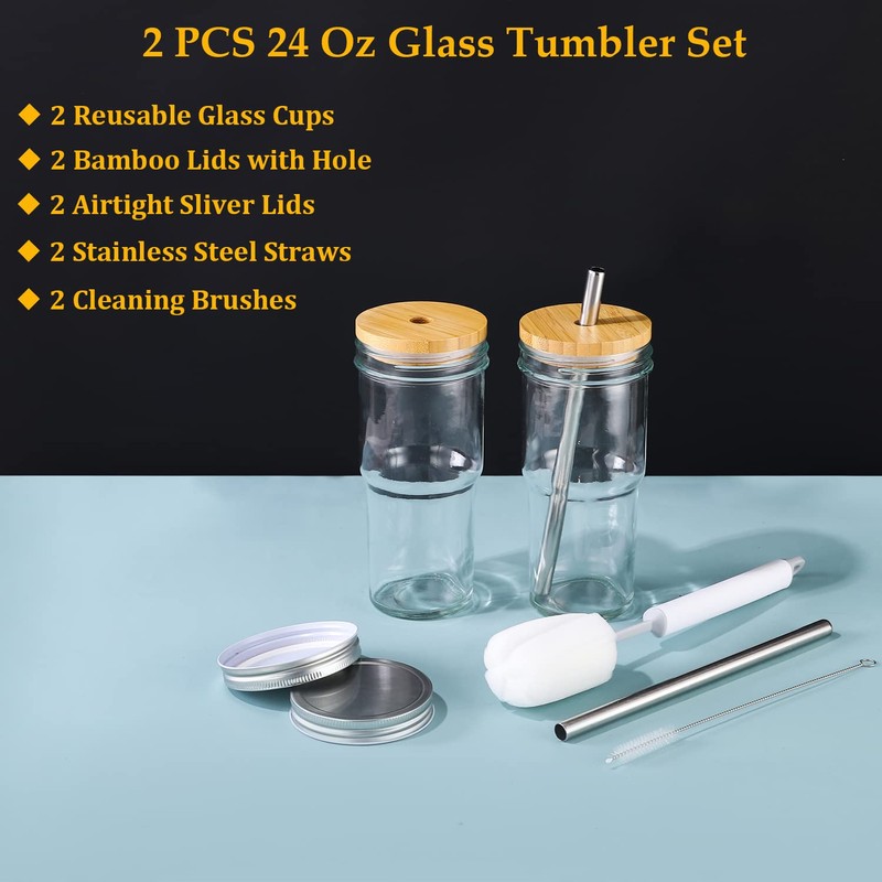 ASANMEYO 2 Pcs 24 oz Glass Cups With Bamboo Lids