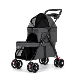 Double Pet Stroller for Dogs and Cats, One-Hand Foldable with Cup Holder