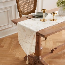 LINENZONE 72 Inch Velvet Table Runner. 6 Foot Beige Table Runner with 2 Tassels. Boho Table Runner for Perfect Boho Kitchen Decor or Wedding Table Runner for Wedding Decor. (Iris 16 x 72, Beige)