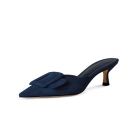 Fericzot Zapatillas de Mule para mujer, con hebilla, puntera puntiaguda, zapatos de tacón de gatito, sandalias de vestir sin espalda, Azul oscuro, 9.5 US