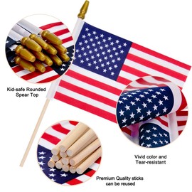 24 Pcs American Flags on Sticks, 8 x 12 Inches Mini Handheld US Flags Stick with Solid Wooden Pole Safety Spear Tip for Yard, Memorial Day, Independence Day Decorations