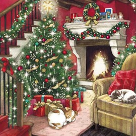 Paper House Pack of 6 Artistic Charity Christmas Cards - 'Curled Up By The Fire' - 6 Cards of 1 Design