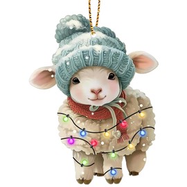 34HD Wooden Lamb Ornament 2025 – Cute Sheep Christmas Tree Decoration with Hat & Lights, Baby Farm Animal for Kids, Winter Rustic Ornament for Tree Decor