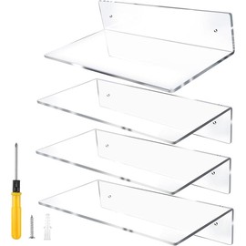 12 Inch L-Shaped  Floating Shelf Clear Wall Mounted Shelves Invisible 5MM Thick Shelf for Wall Storage Clear Shelves for Makeup Photo Picture Book Record Display 4 Pack - Color: 4, Size: 12 inch