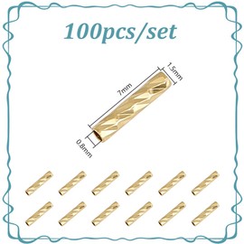 DELORIGIN 100PCS 14k Gold Plated Filled Tube Beads Small Bead 7×1.5mm Textured Long Tube Seed Charm Gold Loose Spacer Beads for Jewelry Making DIY Earring Bracelets Necklace Crafts