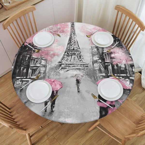 Famame Eiffel Tower Pink Lovers Paris Fitted Round Tablecloth Waterproof