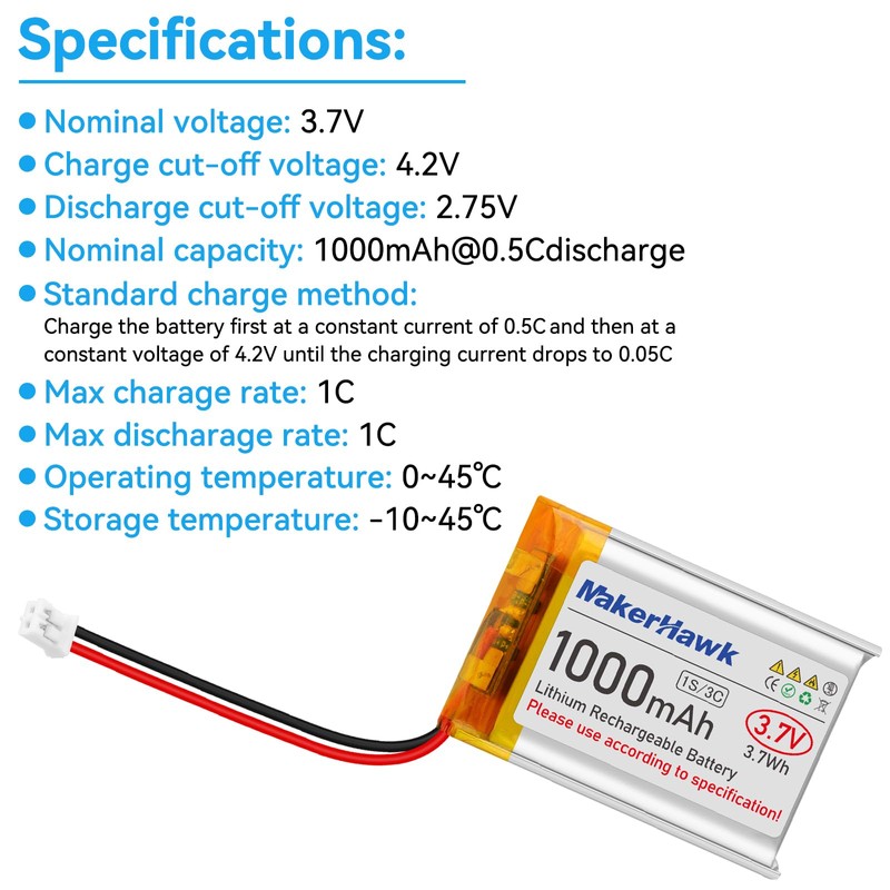 MakerHawk 3.7V Lipo Battery 1000mAh 803040 Rechargeable Lithium Polymer Battery