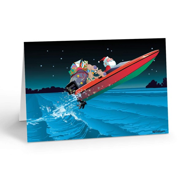 Santa Speeboat Nautical Card - 18 Boating Cards and Envelopes