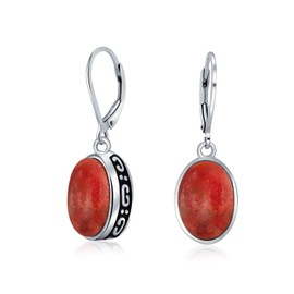 3Ct Natural Red Coral Dome Oval Western Style Bezel Set Lever Back Dangle Earrings For Women .925 Sterling Silver