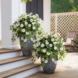 ENALGRE Artificial Flowers Artificial Petunias for Outdoors Artificial Hanging Plants Outdoors Silk Flowers with Stems Outdoor Flowers Uv Resistant for Porch Decor Terrace Decor（White） with Pot 2PCS