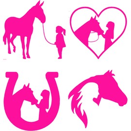 Pack of 4 Girl with A Horse Stickers - Waterproof Decal - Car Bumper, Laptops, Water Bottles, Fun Gifts, Mirrors (Pink, 8cm x 7.5cm)