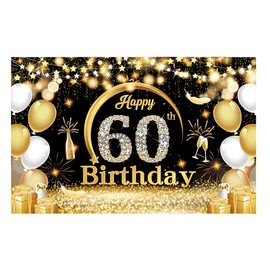 60th Birthday Party Decoration, Oversized Fabric Black Gold Birthday Background Banner, 60th Birthday Party Supplies, Suitable for Anniversary Photo Booth Background Banner, 70.9 x 45.3 Inch