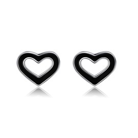 Reffeer 925 Sterling Silver Black Heart Stud Earrings for Women Teens Open Heart Earrings Cute (A-Silver)
