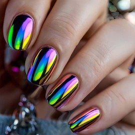 Square Press On Nails Short Fake Nails Chrome With Mirror Metallic Design Green False Nails Cute Glue On Nails Full Cover Artificial Nails Glossy Stick On Nails For Women 24pcs