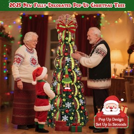 MARTINE MALL 6FT Pop Up Christmas Tree with 8 Mode 180 Warm Lights, Collapsible Foldable Christmas Tree Pull Up Fully Decorated Xmas Trees with 117PCS Christmas Ornaments for Home Indoor Outdoor Party