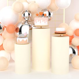 Babenest Beige Cylinder Pedestal Stand Covers Set of 3, Spandex Vintage Fitted Round Pedestal Covers, Elastic Cloth Pillar Plinth Cover for Birthday Wedding Party Reception Decoration(Without Stands)