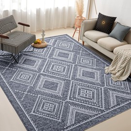 COOVA Vintage Printed Living Room Area Rug – Kid and Pet Friendly 5x7ft Area Rug, Non-Shedding Soft Non-Slip Carpet, Foldable 5x7 Bedroom Rug, Eco-Friendly Washable Rug,Rhombus Dark Grey