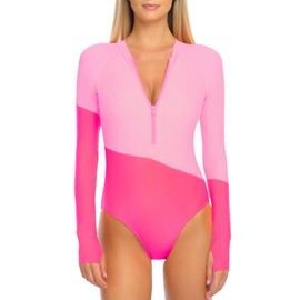 RELLECIGA Women's Fuchsia+Hot Pink Long Sleeve Rash Guard One Piece Size Small