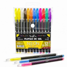 INDRA Set de 12 Plumas de Gel, Bolígrafos de Colores Glitter, Neón y Metálicos 1.0mm, Plumones y Marcadores de Gel de Secado Rápido para Colorear Mand