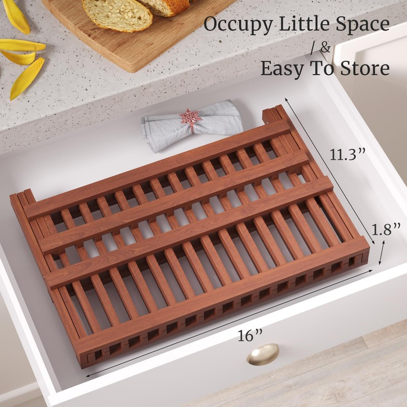 VERTORGAN Teak Dish Drying Rack,Folding Collapsible Drainer Plate Organizer Holder