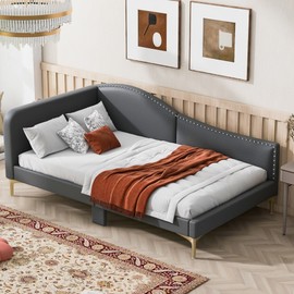Merax Twin Size Upholstered Daybed with Headboard and Armrest, Grey Bed Frame with Support Legs